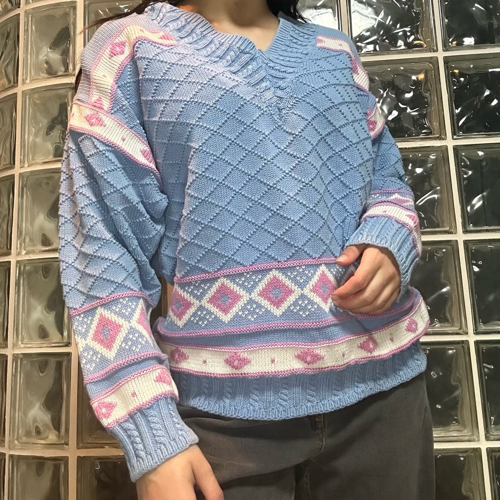Blue and Pink Preppy Patterned Women's Sweater